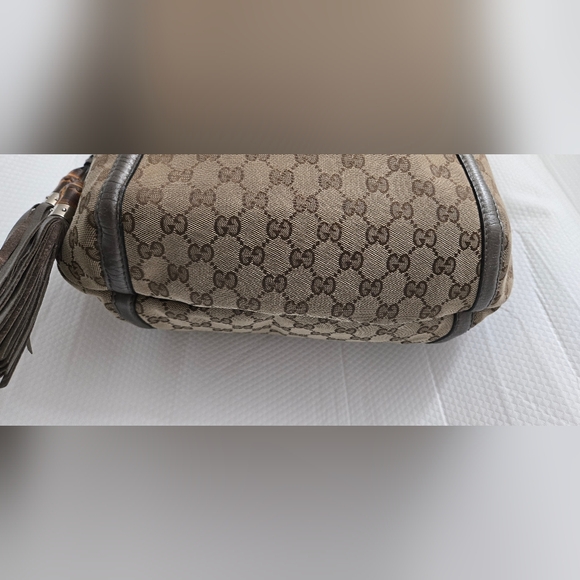 GUC Authentic Gucci GG Beige/ Gray Canvas Techno Horsebit Hobo Handbag - Picture 5 of 16